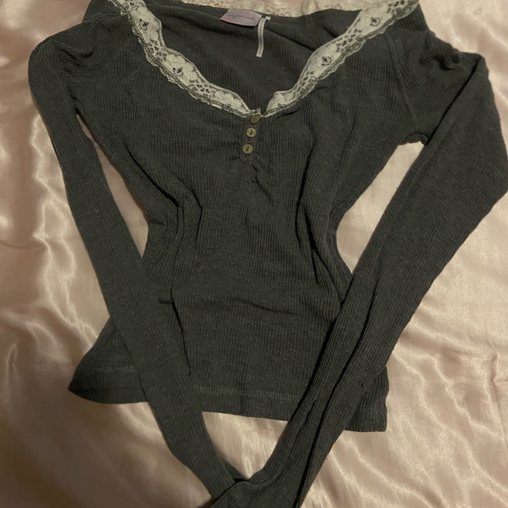 Urban Outfitters Out From Under Ribbed Lace Trim Henley Long Sleeve Top - Size S